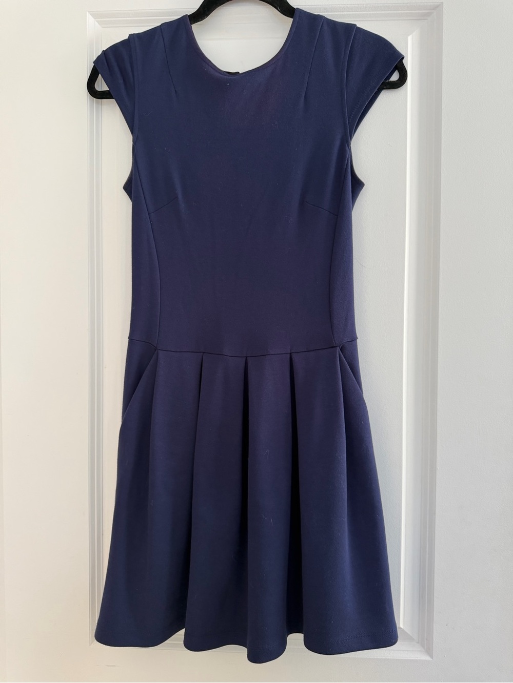 Black Swan Navy Cap-Sleeve Pleated Fit-and-Flare Dress. Minimal stain